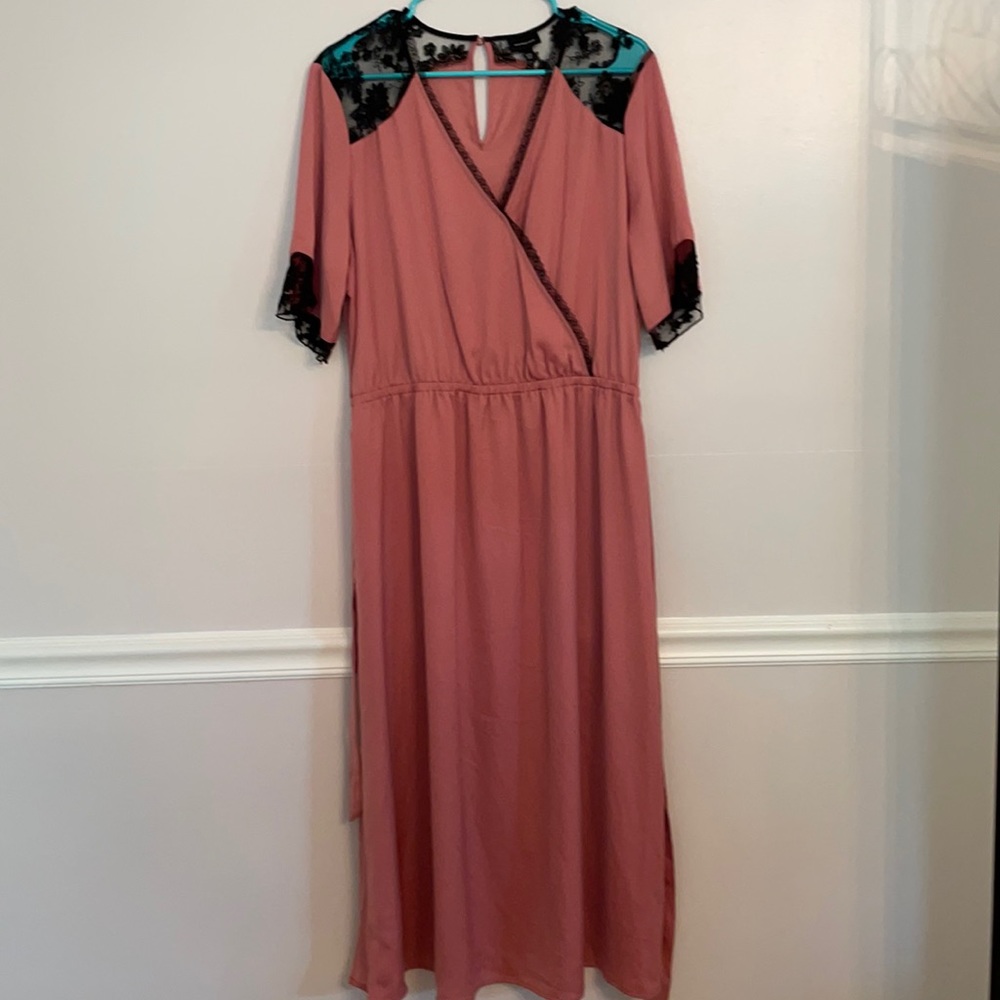 Who What Wear Pink Midi Dress with Black Lace